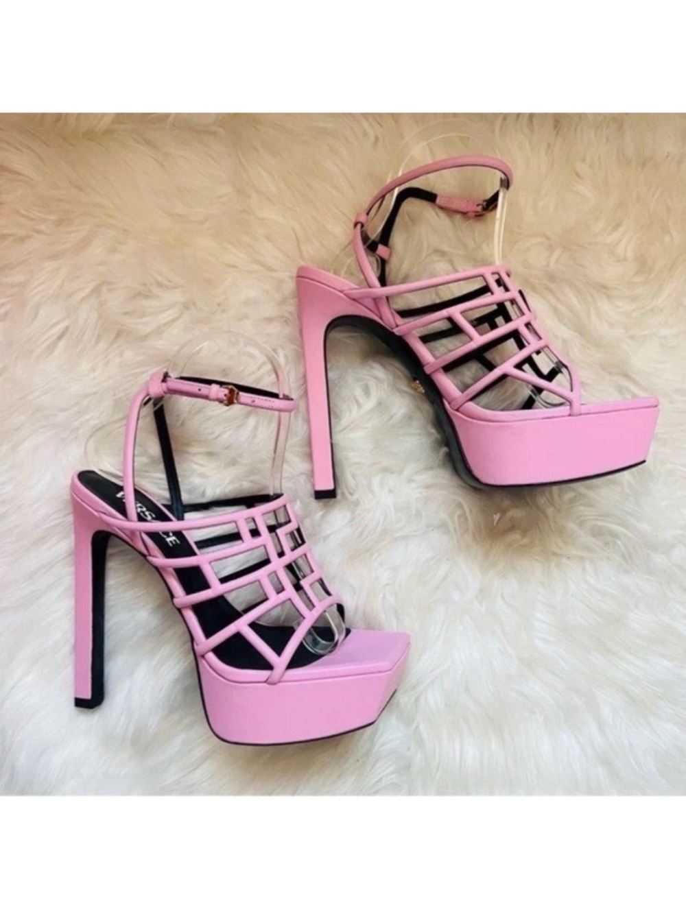 New! VERSACE Greca Maze Pink Leather Platform Sandals Heels IT 38 - Picture 10 of 13